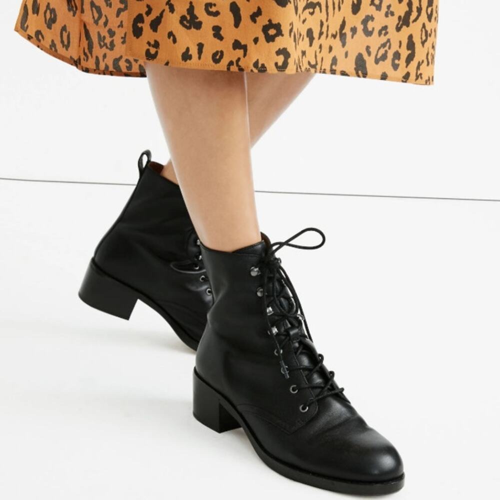 NEW Madewell Womens Patti Lace-Up Ankle Boot Size 6.5 Block Heel Black Leather